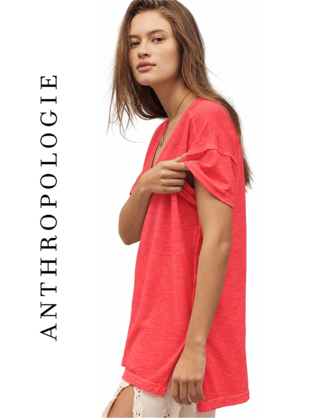 Anthropologie Jordyn Cotton Slub Crew Neck Oversized Tee Pilcro: Deep-V Edition